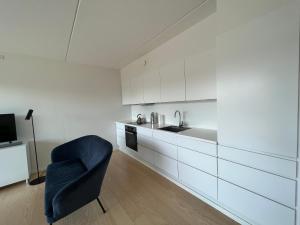 哥本哈根Copenhagen centre luxury apartment - Østerbro的厨房配有蓝色椅子和水槽