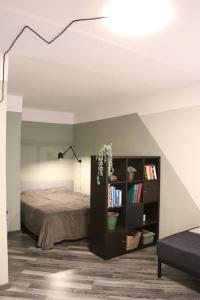 阿卢克斯内Dzīvoklis ar skatu pār Alūksni的一间卧室设有一张床和一个书架