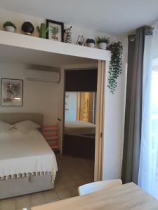 胡安莱潘Residence EDEN - 300m de la mer , parking privatif inclus的一间卧室配有一张床和一面大镜子