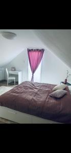 托考伊Megnyugtat-LAK Vendégház的一间卧室配有一张带粉红色窗帘的紫色床