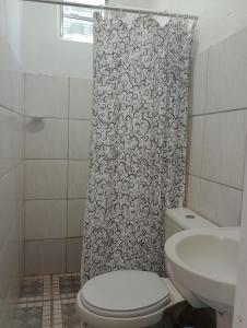索雷Chalé da Vovó的一间带卫生间和淋浴帘的浴室