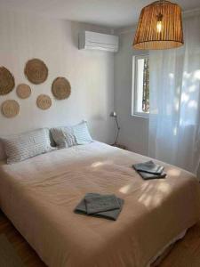 科利尤尔Collioure spacieux avec 2 vrais masters suite的一间卧室配有一张大床和两条毛巾