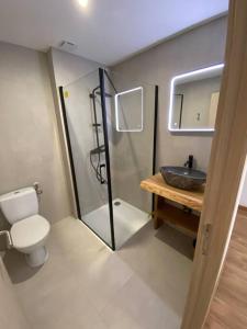 科利尤尔Collioure spacieux avec 2 vrais masters suite的一间带卫生间和水槽的小浴室