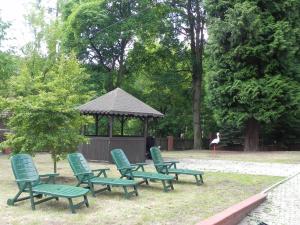 隆代克-兹德鲁伊Dom Wczasowy Magnolia的一组绿色草坪椅和一个凉亭
