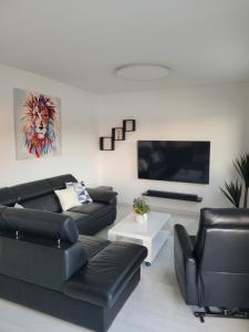 UbliDragovoda bay的客厅配有黑色皮革家具和平面电视