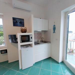 卡普里Villa del Sole的厨房配有白色橱柜和微波炉