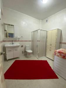 ÇekirgeŞehir ve doğa manzaralı özel bahçeli lüx的一间带卫生间和红色地毯的浴室