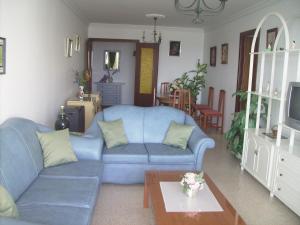 内尔哈Apartamento la Fragata Nerja的客厅配有蓝色的沙发和桌子