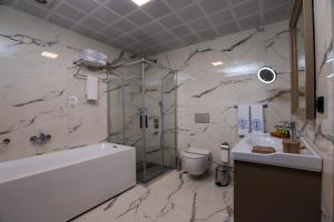 乔尔卢Brand Business Hotel的带浴缸、卫生间和盥洗盆的浴室