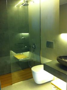 斯塔罗斯菲德拉酒店的带淋浴、卫生间和盥洗盆的浴室