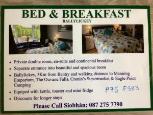 BallylickeyBantry Bay Haven的卧室住宿加早餐的传单