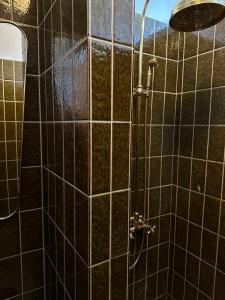 马斯塔尔Aggershøj pensionat的配有黑色瓷砖墙壁和淋浴头的淋浴
