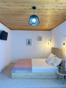 阿彻奇洛斯Stegna Rita's apartment的一间卧室设有一张木天花板床。