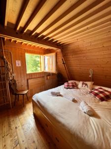 塞拉内瓦~Chalet_Rifugio tra i boschi~的小木屋内一间卧室,配有一张床
