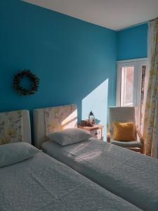 卡拉马孔Olive House的一间卧室设有两张床和蓝色的墙壁