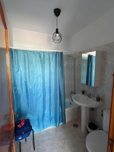 普拉亚布兰卡Casa Noas的浴室设有蓝色的浴帘和水槽