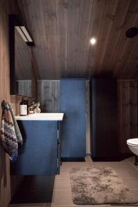 斯特兰达Strandafjellet Panorama Lodge - Large Cabin with Majestic Mountain View的浴室设有蓝色的墙壁、水槽和卫生间。