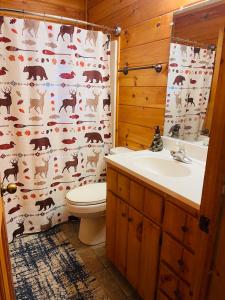 赛维尔维尔Smoky Mountain Enchanting Haven 3BR2BA Cabin的浴室设有卫生间和动物淋浴帘