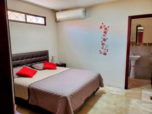 瓜亚基尔NCG Suite的一间卧室配有一张带红色枕头的床