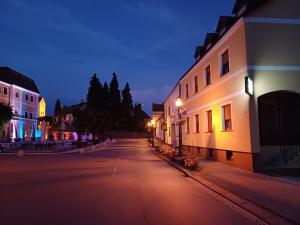 瓦拉日丁托普利采Garden的一条空荡荡荡的街道,晚上有建筑物和灯