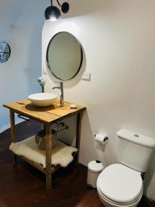 卢汉Don Aniceto Lodges & Glamping的一间带水槽、卫生间和镜子的浴室