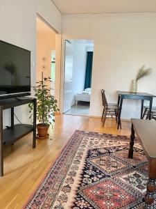 图尔库Woodpecker Avenue Family Apartment Turku的一间带电视和地毯的客厅