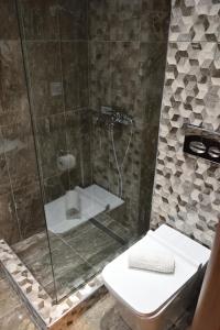 克里斯阿穆迪亚Dioscuri Deluxe Apartments的带淋浴、卫生间和盥洗盆的浴室