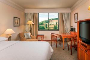 比勒陀利亚比勒陀利亚喜来登酒店 的酒店客房配有一张床、一张书桌和一台电视。