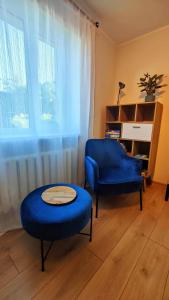 派尔努Jannseni apartment的客厅配有蓝色椅子和桌子