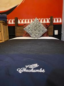 韦拉克鲁斯Chuchumbé Hotel & Hostal的一张带蓝色毯子和枕头的床