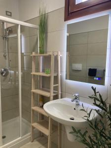 托尔博莱Outdooredo Garda Torbole的一间带水槽、淋浴和镜子的浴室