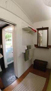 斯莱戈Innisfreedom cabin的客房设有带镜子和毛巾的浴室