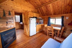 尤里卡Redwood Coast Cabins and RV Resort的小木屋的厨房和用餐室配有冰箱