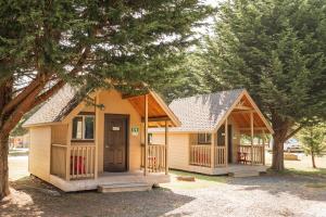 尤里卡Redwood Coast Cabins and RV Resort的几所小黄房子,树