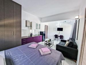 阿依纳帕Giorgis Luxury Apartments的一间带床和沙发的房间和一间厨房