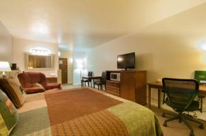 LibbyVenture Inn的酒店客房配有一张床、一张书桌和一台电视。