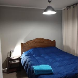 瓦尔帕莱索Departamento 1 Dormitorio 1 Baño Valparaíso的一张带蓝色棉被和灯的床