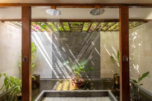 吉利特拉旺安Gili Teak Beach Front Resort的一间设有窗户的房间,里面装有盆栽植物