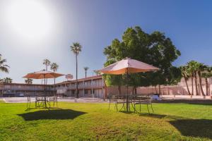 Heroica CaborcaEl Camino Hotel & Suites的公园里两把桌子和椅子,带遮阳伞