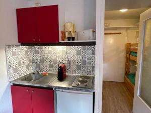 乌弗奈特弗斯Studio Pra-Loup, 1 pièce, 4 personnes - FR-1-165A-177的一个带水槽和红色橱柜的小厨房