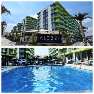 北马马亚-讷沃达里Beach Resort Studio Fitness-spa-pool的建筑物前游泳池的两张照片