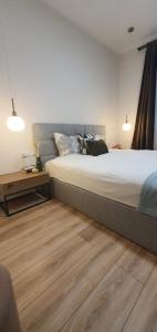 TÄƒuÅ£ii MÄƒgheruÅŸJulia's home的一间卧室设有一张大床,铺有木地板