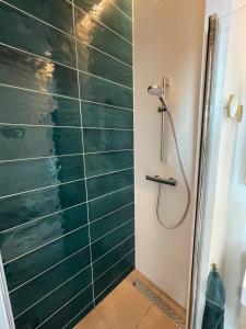 阿姆斯特丹Bed & Beach Amsterdam的浴室铺有绿色瓷砖,设有淋浴。