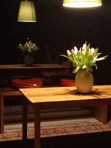 皮亚韦河畔诺文塔塞特桑托贝瑞农家乐的一张木桌,上面有花瓶