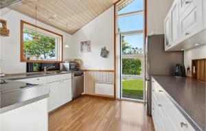 海默特Cozy Home In Tarm With Kitchen的一间厨房,配有白色的橱柜和大窗户