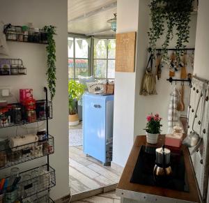 都灵Attico&Nuvole的一间厨房,里面配有蓝色冰箱