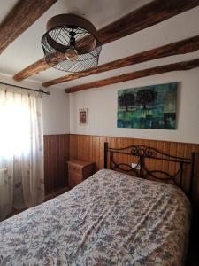 卡斯特里尔Casa Rural El Gandulillo的一间卧室配有一张床和一个吊灯