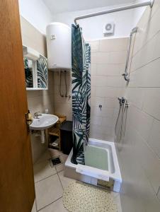 克鲁塞沃Marija Apartments的带淋浴和盥洗盆的浴室