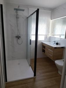 圣波拉Apartamento Caravaca的带淋浴、卫生间和盥洗盆的浴室