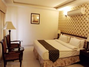 拉希迈尔汗Royal Desert Palm Hotel的配有一张床和一把椅子的酒店客房